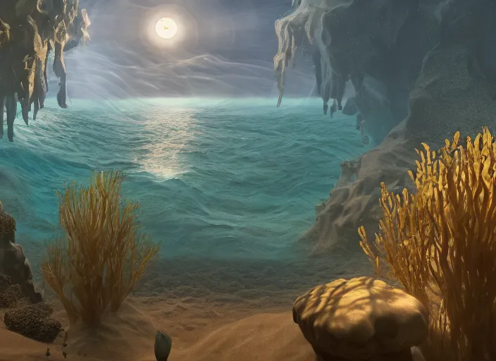 Image similar to an underwater landscape painted by, mc escher, gordon onslow ford, georgia o'keeffe and ippolito caffi, cinematic light, god rays, sand dunes, unreal engine, zbrush central,