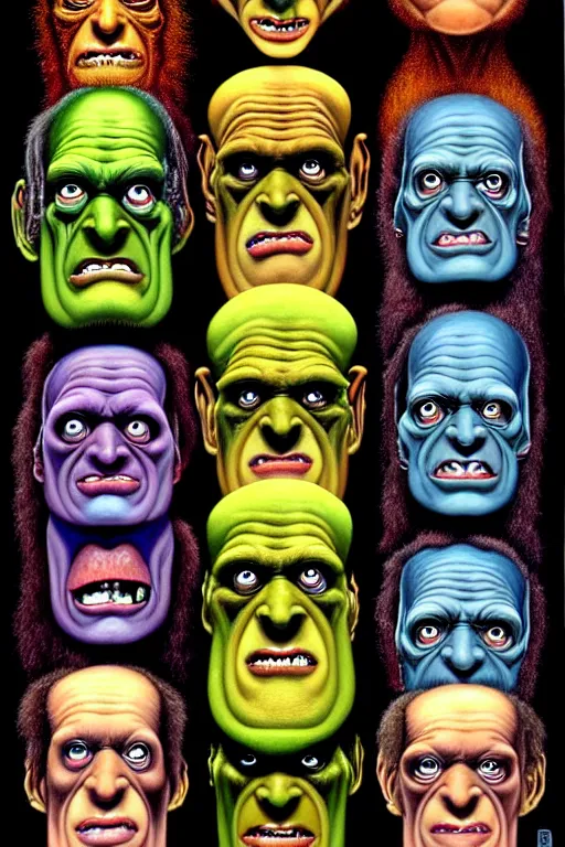 Image similar to a hyperrealistic painting of frankenstein monster heads, cinematic horror by basil wolverton, lisa frank, richard corben, kris kuksi, highly detailed, vivid color,