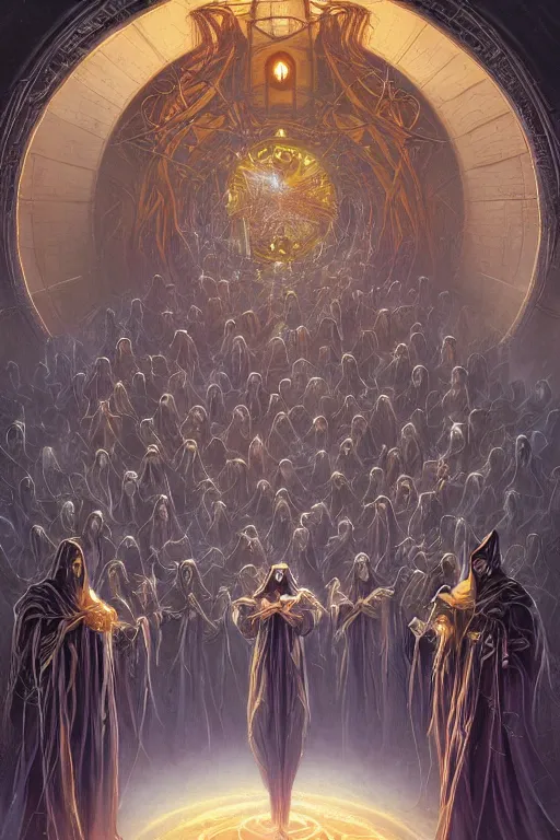 Image similar to a quantum computer surrounded by a dark cabal of hooded elven mystics with long robes gathered in a circular formation, michael whelan, dan seagrave, boris vallejo