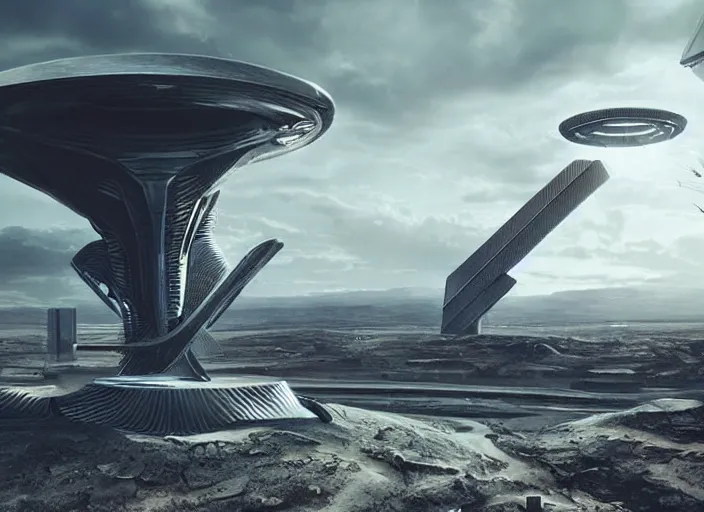 Prompt: cult of technology, metal brain!!, exterior, scifi, machines, artificial intelligence, ribbon chapel, ultra realistic, highly detailed, futuristic landscape, beautiful city, futurism, drone point of view, atmosphere, sunny day, masterpiece, epic lighting, highlights, year 2 0 4 0, cinematic, art by jan urschel and neil blevins