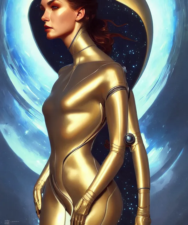 Prompt: futuristic Bodycon spacesuit of an alluring woman portrait, sci-fi, amber eyes, face, long hair, fantasy, intricate, elegant, highly detailed, digital painting, artstation, concept art, smooth, sharp focus, illustration, art by artgerm and greg rutkowski and alphonse mucha