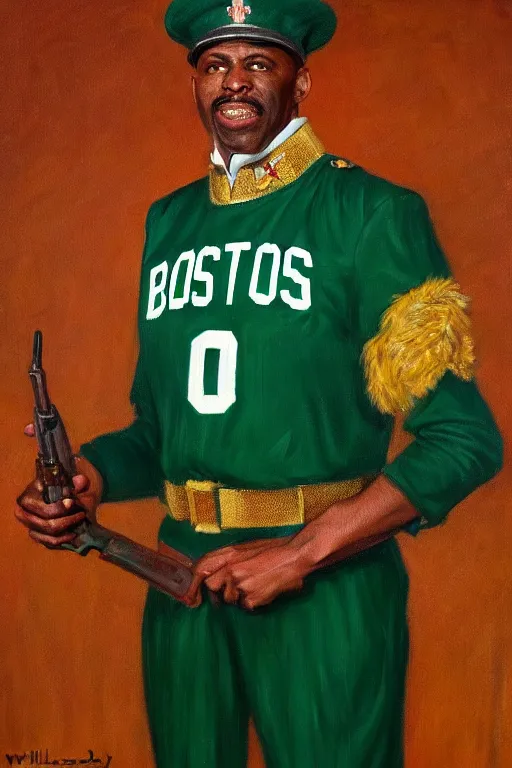 Image similar to full body portrait of the dictator of the boston celtics, 1 9 5 5, in full military garb, oil on canvas by william sidney mount, trending on artstation