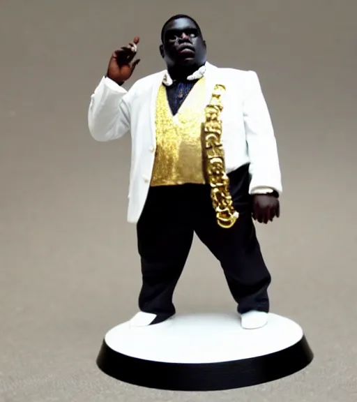 Prompt: notorious big, wearing an elegant white suit, with a gold crown, action toy, heroic scale, games workshop, deity, citadel colour, glowing eyes, osl, nmm, r / paintedminis