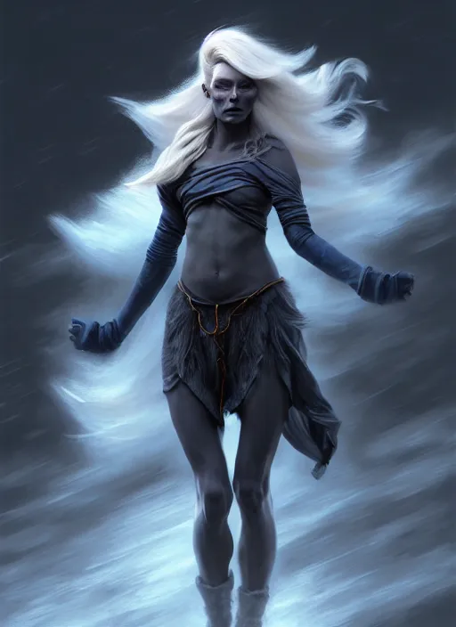 Image similar to ( hyperrealist nordic drow full body wallpaper on a windy storm planet ) by daniel f. gerhartz and matt stewart, photorealistic, dynamic lighting, bet face, very detalided body, beautiful, perfect factions, trending on artstation, poster, volumetric lighting, 4 k, award winning