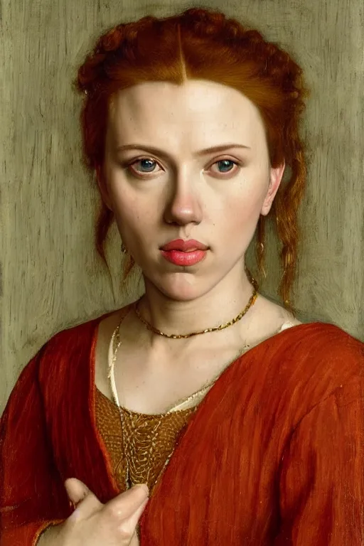 Image similar to portrait of scarlett johansson, oil painting by jan van eyck, by hans holbein, northern renaissance art, old masters, alla prima, realistic, expressive emotions, intricate textures, illusionistic detail