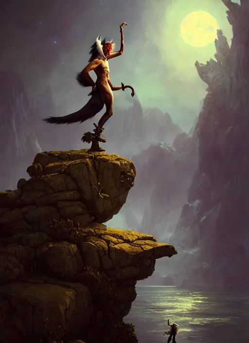 Prompt: skunk warlock standing on top of a rock in the moonlight, DnD character, unreal engine, octane render, dramatic lighting, pond, digital art, by Stanley Artgerm Lau, greg rutkowski, thomas kindkade, alphonse mucha, loish, norman Rockwell