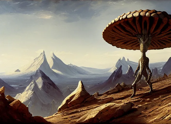 Image similar to an alien pangolin in white and gold scaled armor standig on a mountain on an alien planet, matte painting, by isaac levitan and asher brown durand,