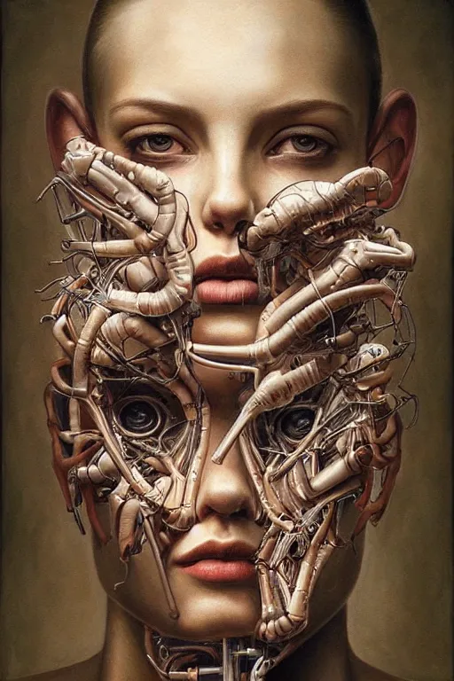 Prompt: beautiful portrait of biomechanical being by marco mazzoni, remnev andrey, detailed, realistic skin color