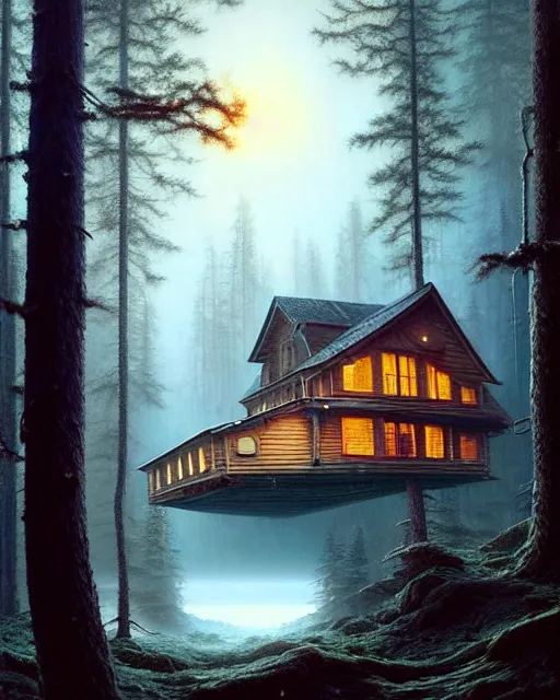 Image similar to a hyper - detailed 3 d render like an oil painting of cabin in the woods floating through space and time!!!!! surreal concept art, lifelike, photorealistic, digital painting, aesthetic, smooth, sharp focus, artstation hd, by greg rutkowski, bruce pennington, valentina remenar, rhads, asher duran,