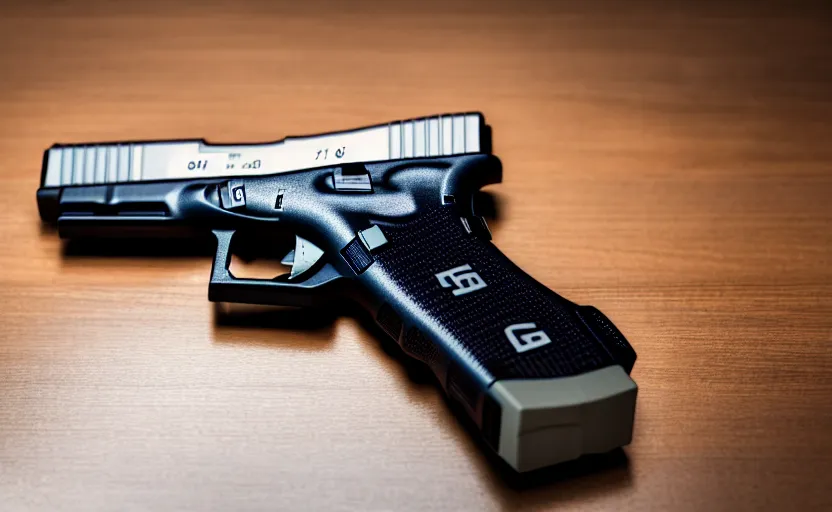 Image similar to photograph of a Glock 18, on a table, shot by Quentin Tarantino, one point perspective, 1-point perspective, sigma 85mm f/1.4, 4k, depth of field, high resolution, 4k, 8k, hd, full color