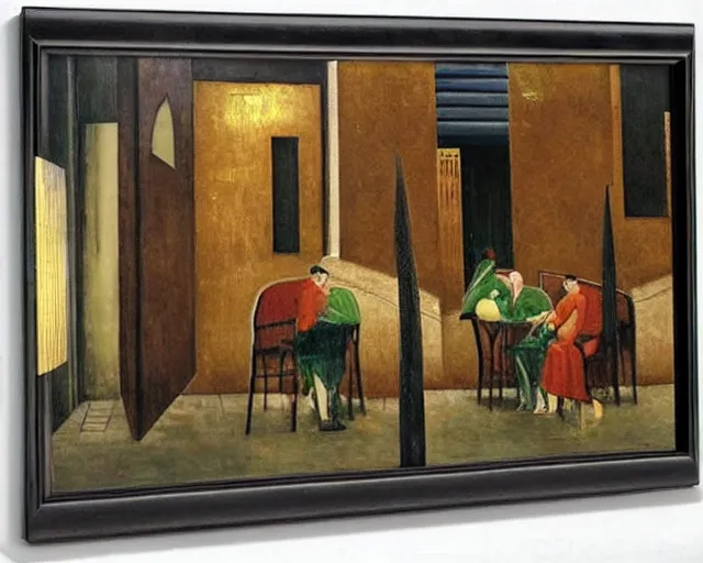 Image similar to melancholy rainy night at a cafe by de chirico