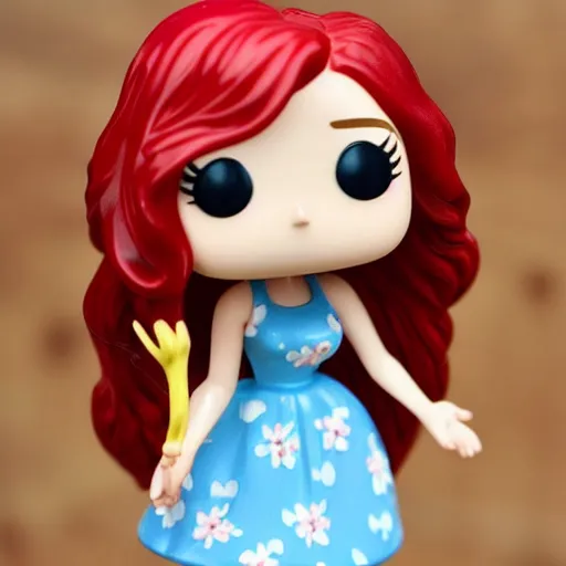 Image similar to skinny 19 year old white girl with long red hair in a flowery sundress, funko pop, highly detailed photo closeup sharp photo