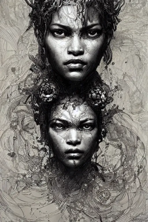 Image similar to portrait of makima from chainsawman, pen and ink, intricate line drawings, by craig mullins, ruan jia, kentaro miura, greg rutkowski