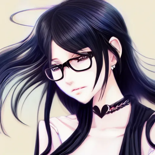 anime girl with black hair and glasses