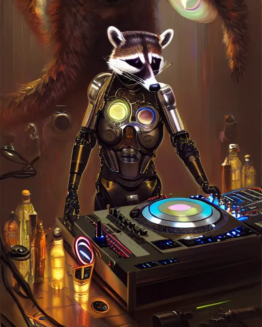 Prompt: cyborg dj raccoon mixing on stage, diffuse lighting, fantasy, intricate, elegant, highly detailed, lifelike, photorealistic, digital painting, artstation, illustration, concept art, smooth, sharp focus, art by john collier and albert aublet and krenz cushart and artem demura and alphonse mucha