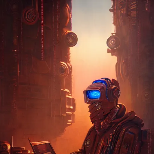 Image similar to a dogon cyberpunk hacker, steampunk stargate by greg rutkowski and android jones in a surreal portrait style, oil on canvas, ancient cyberpunk 8k resolution