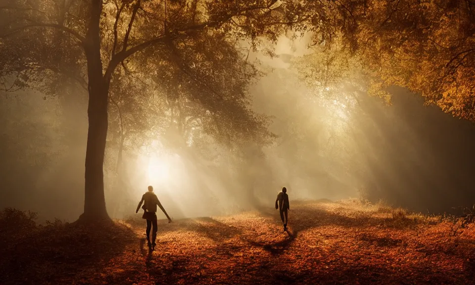 Prompt: A matte painting of an adventurer walking along the river bank in a forest during the golden hour in autumn, surrounded by dust and volumetric light shining through the tree tops