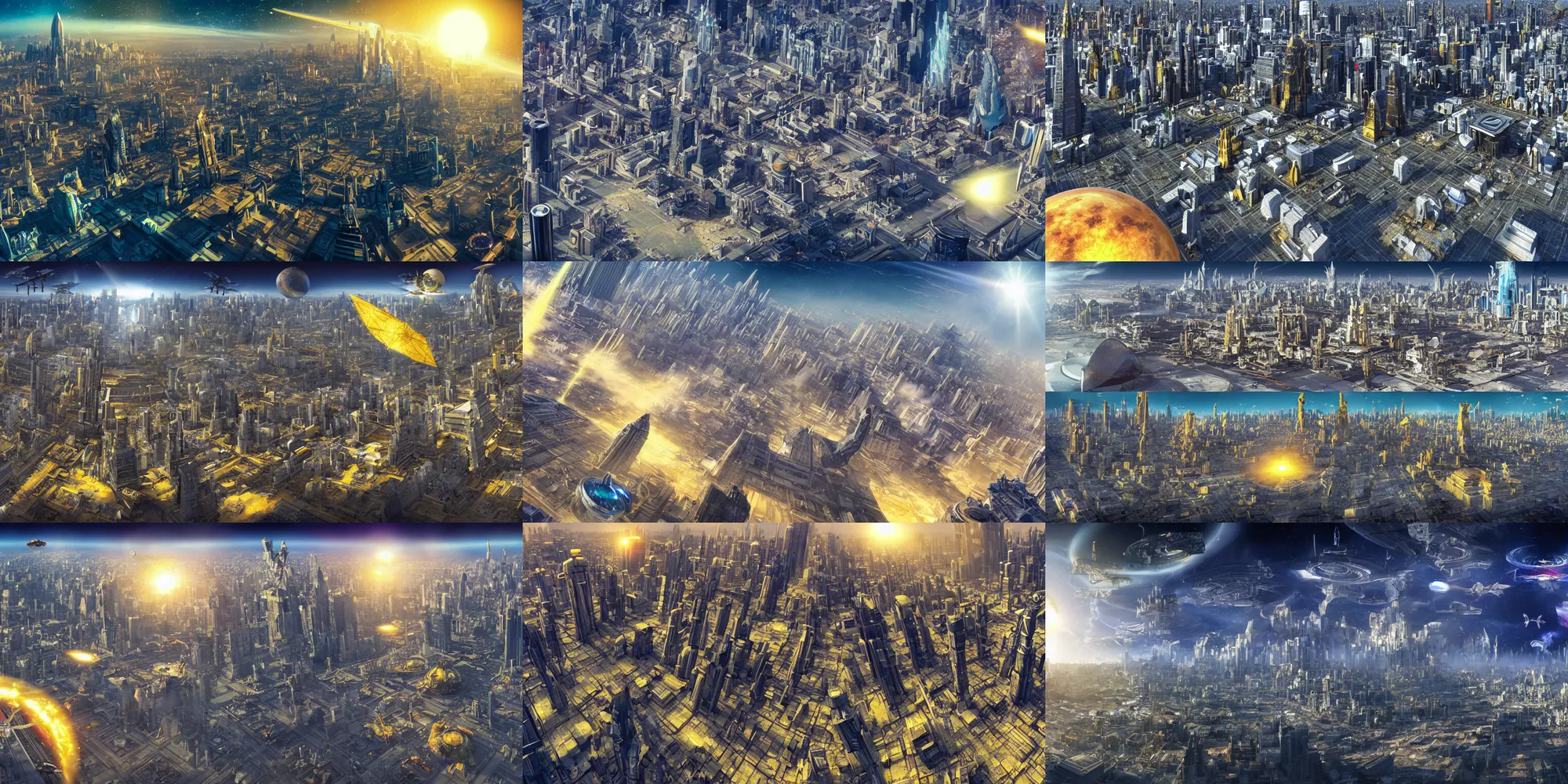 Prompt: super wide view of a cityscape in the saturn, flying spaceships and mech dragons and police drones and so many citizens, golden pyramids, super big throne in the center with portal to the another dimensions, fractal buildings, glass rain, falling sun, global illumination, ambient occlusion, by eric pfeiffer and casper konefal and sung choi