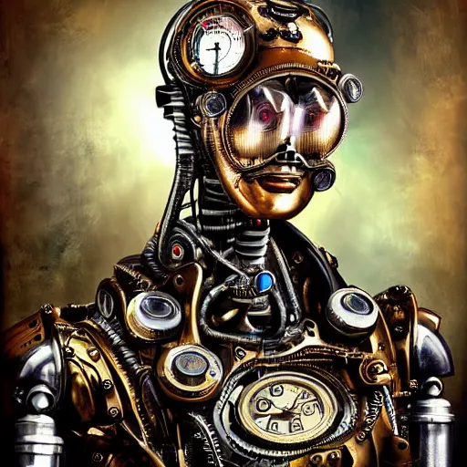 Prompt: the portrait of a human-like steampunk metal robot, photorealistic, highly detailed, intricate details, oct rendre, vivid colors, futuristic, sci-fi, dramatic lighting