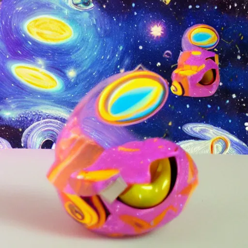 Prompt: Liminal space in outer space!!!, (((kinder surprise toy))), colorized background