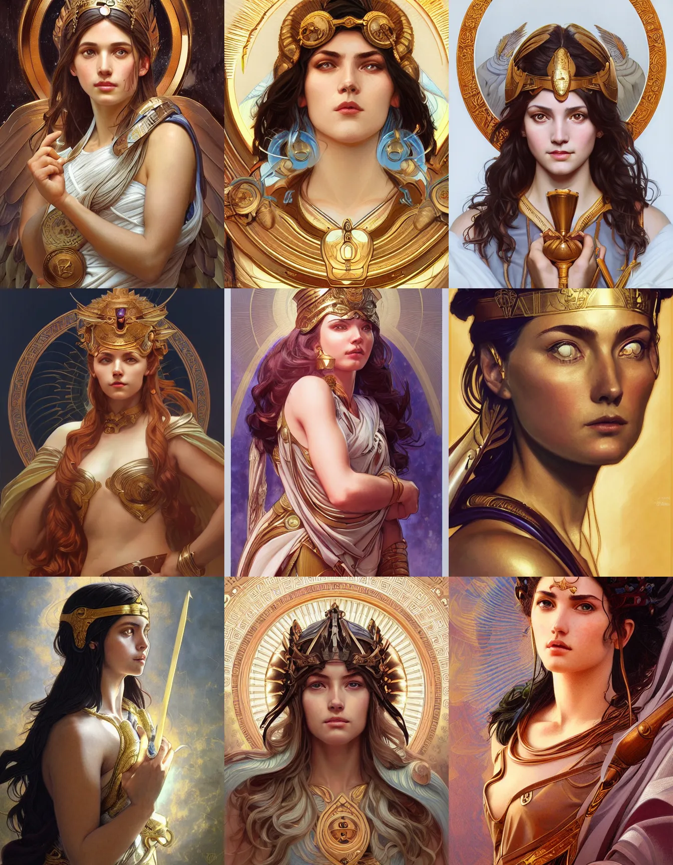 Prompt: athena goddess of wisdom, realistic portrait, symmetrical, highly detailed, digital painting, artstation, concept art, smooth, sharp focus, illustration, cinematic lighting, art by artgerm and greg rutkowski and alphonse mucha and louis theophile hingre