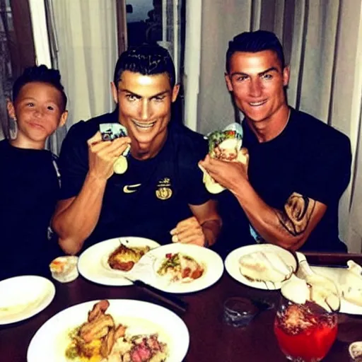 Image similar to Cristiano Ronaldo, Messi and yoda eat dinner together