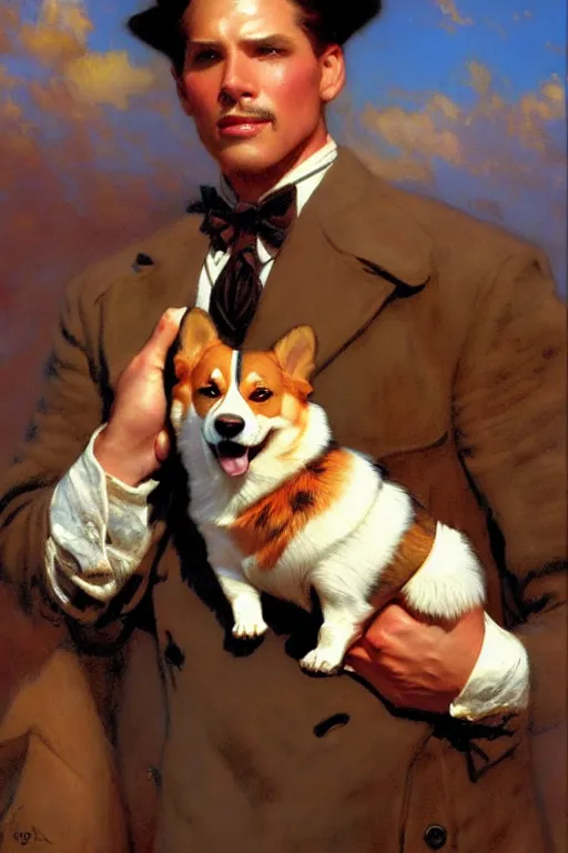 Prompt: attractive man holding a corgi matte painting by gaston bussiere, craig mullins, j. c. leyendecker, tom of finland