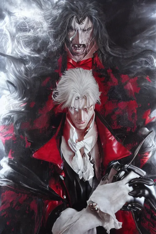 Image similar to a regal studio portrait of alucard set against a black background by ayami kojima, detailed, photorealistic, volumetric lighting, studio lighting, cgi