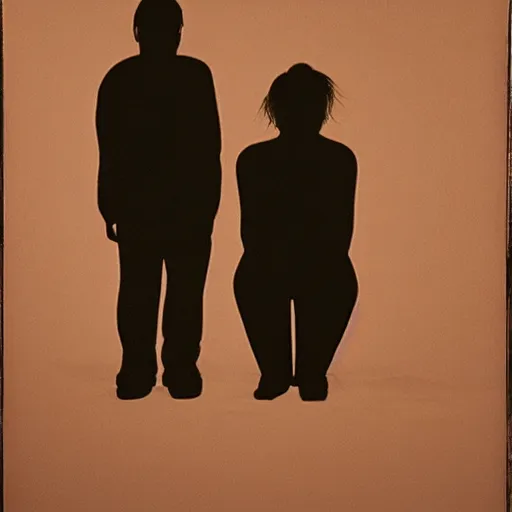 Image similar to a silhouette of two depressed people sitting in the corner of a dark room, oil on canvas