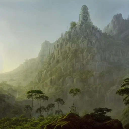 Prompt: a highly detailed matte painting of a lost jungle temple, the mist settles on the ground while the morning light glows off the stone structures, by Caspar Friedrich
