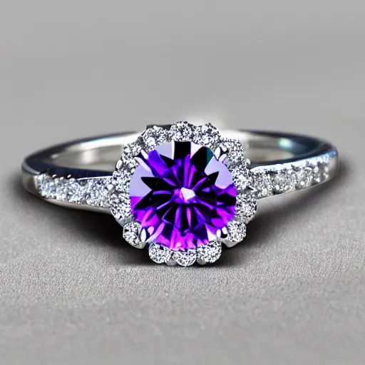 Image similar to a beautiful engagement ring, made out of shiny silver, the ring is covered in purple majestic fire, high quality, photo realistic, detailed, 8k