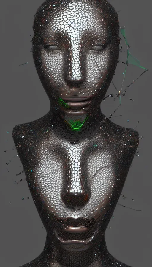 Prompt: a one woman with a futuristic mask on her face, a surrealist sculpture by alexander mcqueen, trending on pinterest, plasticien, biomorphic, made of plastic, a computer rendering by bedwyr williams, featured on zbrush central, holography, multiple exposure, glitch art, glitchy, photorealistic