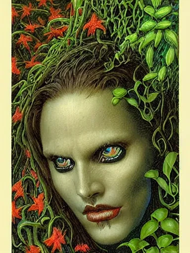 Image similar to The Hanging-Gardens of Pareidolia, lobelia, ivy, verbena and pothos growing facial features and optical-illusions, aesthetic!!!!!!!!!!, by Gerald Brom in the style of Johfra Bosschart in the style of,