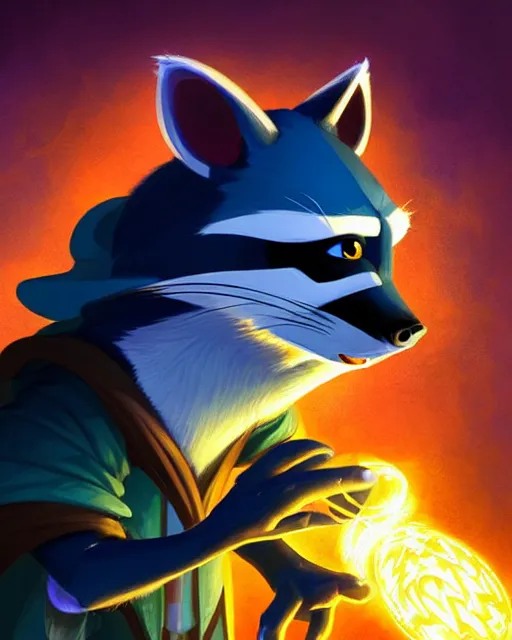 Prompt: closeup, highly detailed digital illustration portrait of hooded sorcerer sly cooper raccoon casting a magical energy sparkling blue glowing spell in an ancient castle, action pose, d & d, magic the gathering, by rhads, frank frazetta, lois van baarle, jean - baptiste monge, disney, pixar,