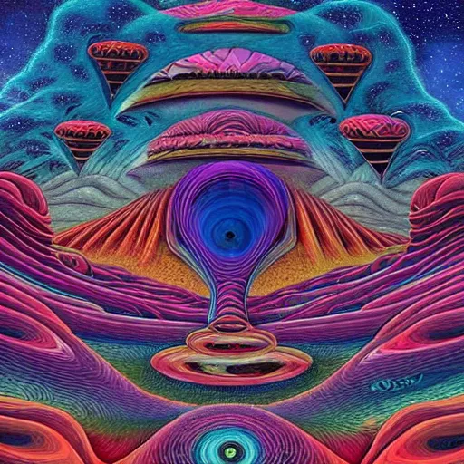 Image similar to geometric volcanoes melting into ocean forest cliffs in space by android jones, alex grey, chris dyer, aaron brooks,