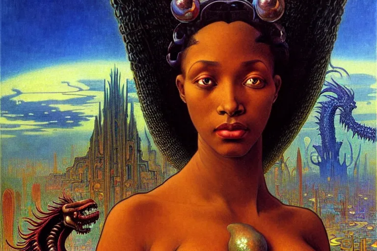 Prompt: realistic extremely detailed closeup portrait painting of a beautiful black woman with a mutant dragon, dystopian city on background by Jean Delville, Amano, Yves Tanguy, Ilya Repin, Alphonse Mucha, Ernst Haeckel, Edward Robert Hughes, Roger Dean, heavy metal 1981, rich moody colours