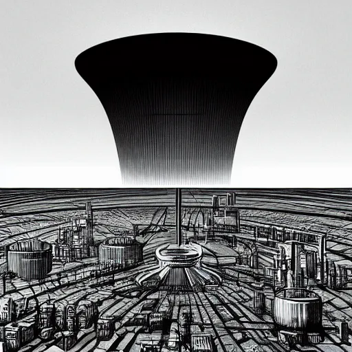 Image similar to a vast sci-fi city centred around a nuclear reactor dome in the style of JS Lowry, high resolution