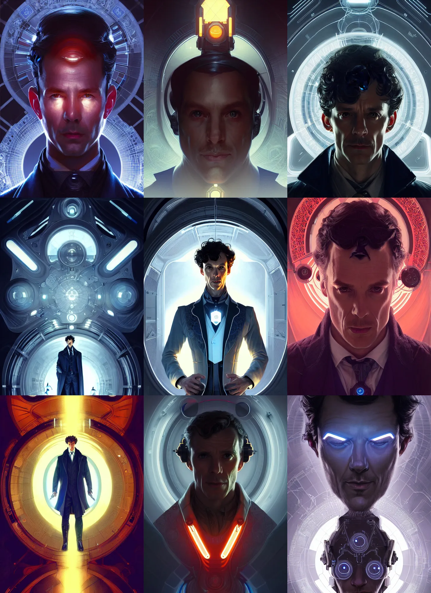 Prompt: symmetry!! portrait of a futuristic sherlock holmes, sci - fi, tech wear, glowing lights!! intricate, elegant, highly detailed, digital painting, artstation, concept art, smooth, sharp focus, illustration, art by artgerm and greg rutkowski and alphonse mucha