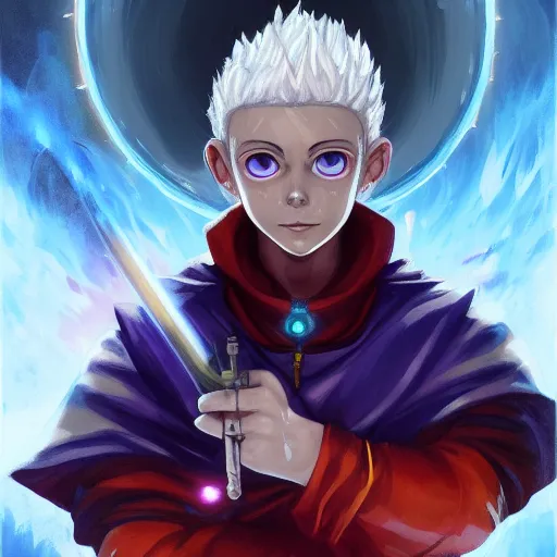 Image similar to portrait portrait portrait of Killua Zoldyck Mage doctor wearing a fireball in his right hand whilst wearing a waterball in his left hand whilst wearing a Shield of Omnipotence greg rutkowski peter mohrbacher anato finnstark marc simonetti Grisaille Realism