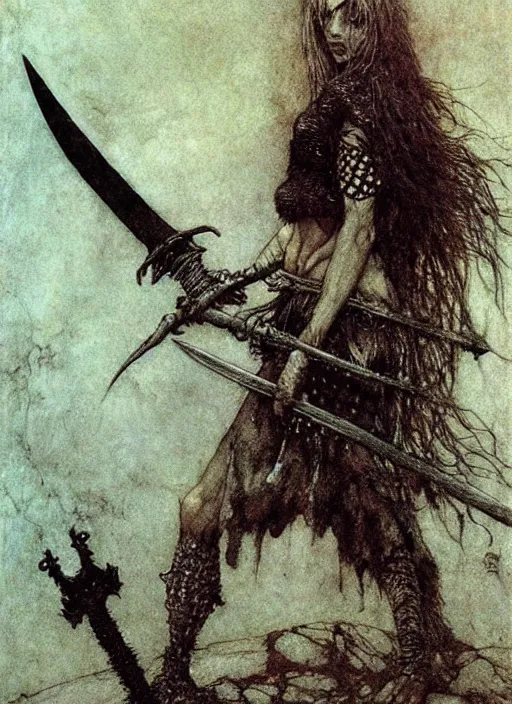 Image similar to barbarian girl with sword by Beksinski and Arthur Rackham