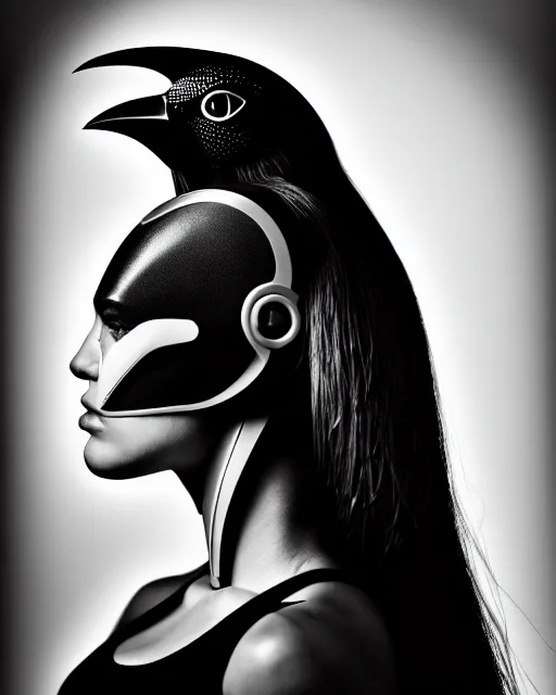 Image similar to a profile portrait, a stunning young woman - cyborg with a mutant crow head, editorial photography, bw, shot on 7 0 mm, depth of field, f / 2. 8, high contrast, 1 6 k, volumetric lighting, shiny, insanely detailed and intricate, hypermaximalist, elegant, ornate, hyper realistic, super detailed