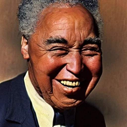 Image similar to realistic photo of old charlie parker at age 7 6, smiling, vintage colorized photo