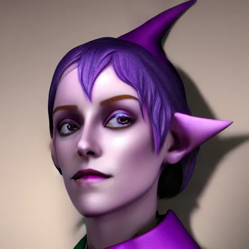 Image similar to Purple skinned Kristen Stewart as a smiling Elf wizard smooth purple skin!, + purple skin Photorealistic digital art trending on artstation, artgem, 4k HD.