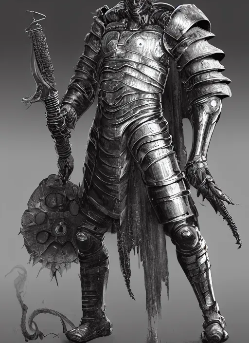 Image similar to a computer generated image of a man in armor, concept art by senior character artist, featured on polycount, antipodeans, sketchfab, unreal engine 5, artstation hd. hr giger, greg rutkowski and wayne barlowe as a diablo, resident evil, dark souls, bloodborne monster