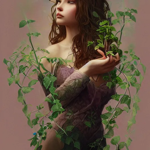 Image similar to A gorgeous young woman plant hybrid, vine and plants and flowers, intricate, digital painting, highly detailed, concept art, Artstation, Cgsociety, Artgerm, Alphonse Mucha, Wlop, cinematic lighting, sharp focus