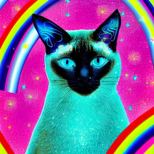 Prompt: siamese cat with a unicorn horn, rainbow background, sparkly aura around cat