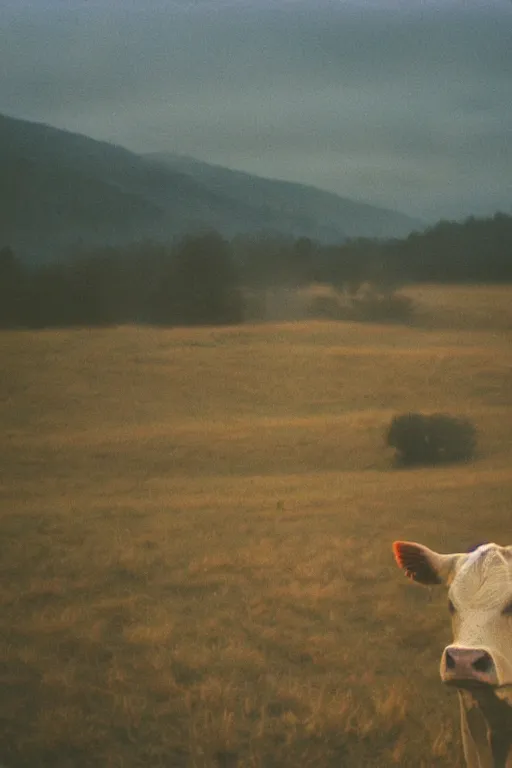 Image similar to film color photography, close-up cow face in the blue fog at the lawn, no focus, mountains in distance, 35mm