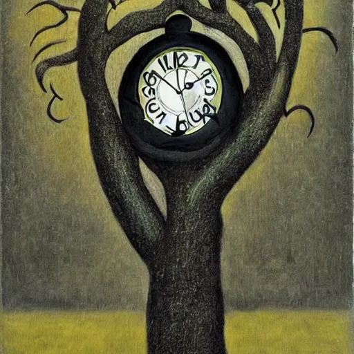 Prompt: juxtaposition art with a clock and a tree, abstraction, surrealism, dystopian