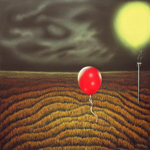 Prompt: grunge painting of a cornfield with a wide smile and a red balloon by chris leib, loony toons style, pennywise style, corpse bride style, horror theme, detailed, elegant, intricate, conceptual, volumetric light