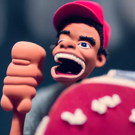 Image similar to a cinematic film still of a claymation stop motion film starring chance the rapper as a college student, shallow depth of field, 8 0 mm, f 1. 8